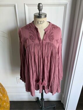 Rachel Zoe NWT Mauve Embroidered Tassel Peasant Boho Swing Top